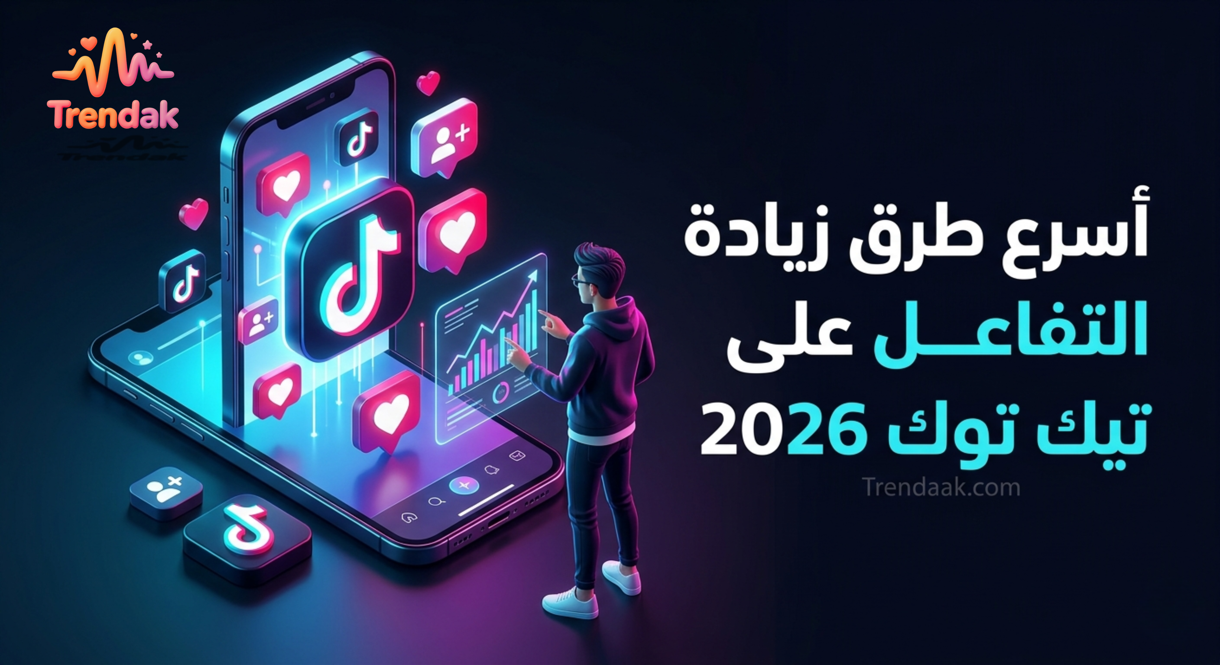 زيادة التفاعل على تيك توك 2026، شاب يستخدم الهاتف لمشاهدة فيديوهات قصيرة، زيادة مشاهدات ولايكات، نص المقال "أسرع طرق زيادة التفاعل على تيك توك 2026"، تصميم عصري جذاب، رموز تيك توك، موقع Trendaak.com