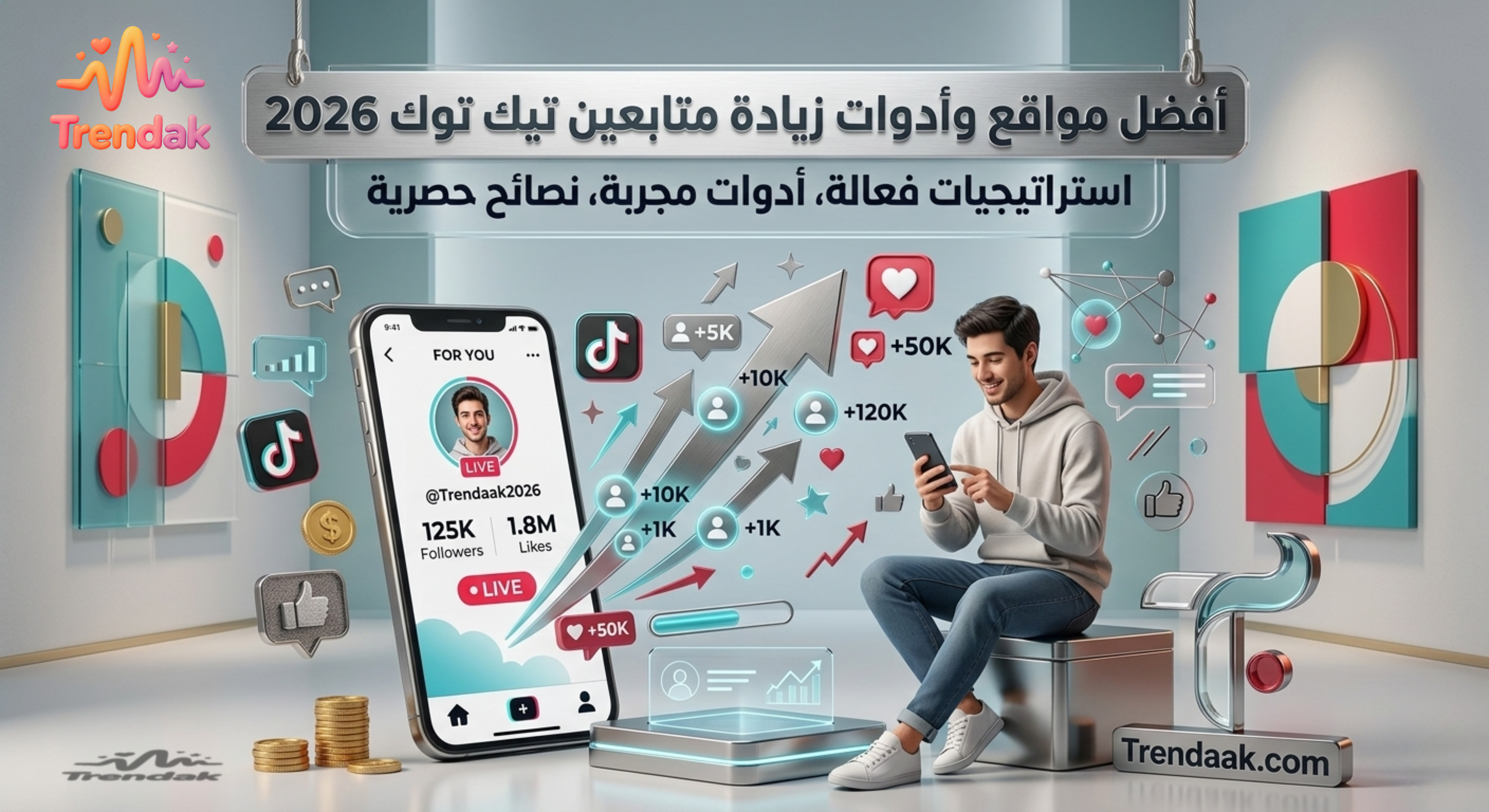 أفضل مواقع زيادة متابعين تيك توك 2026، شاب يستخدم الهاتف لمتابعة حسابه، زيادة متابعين ولايكات، تصميم عصري جذاب، نص المقال "أفضل مواقع زيادة متابعين تيك توك 2026"، موقع Trendaak.com